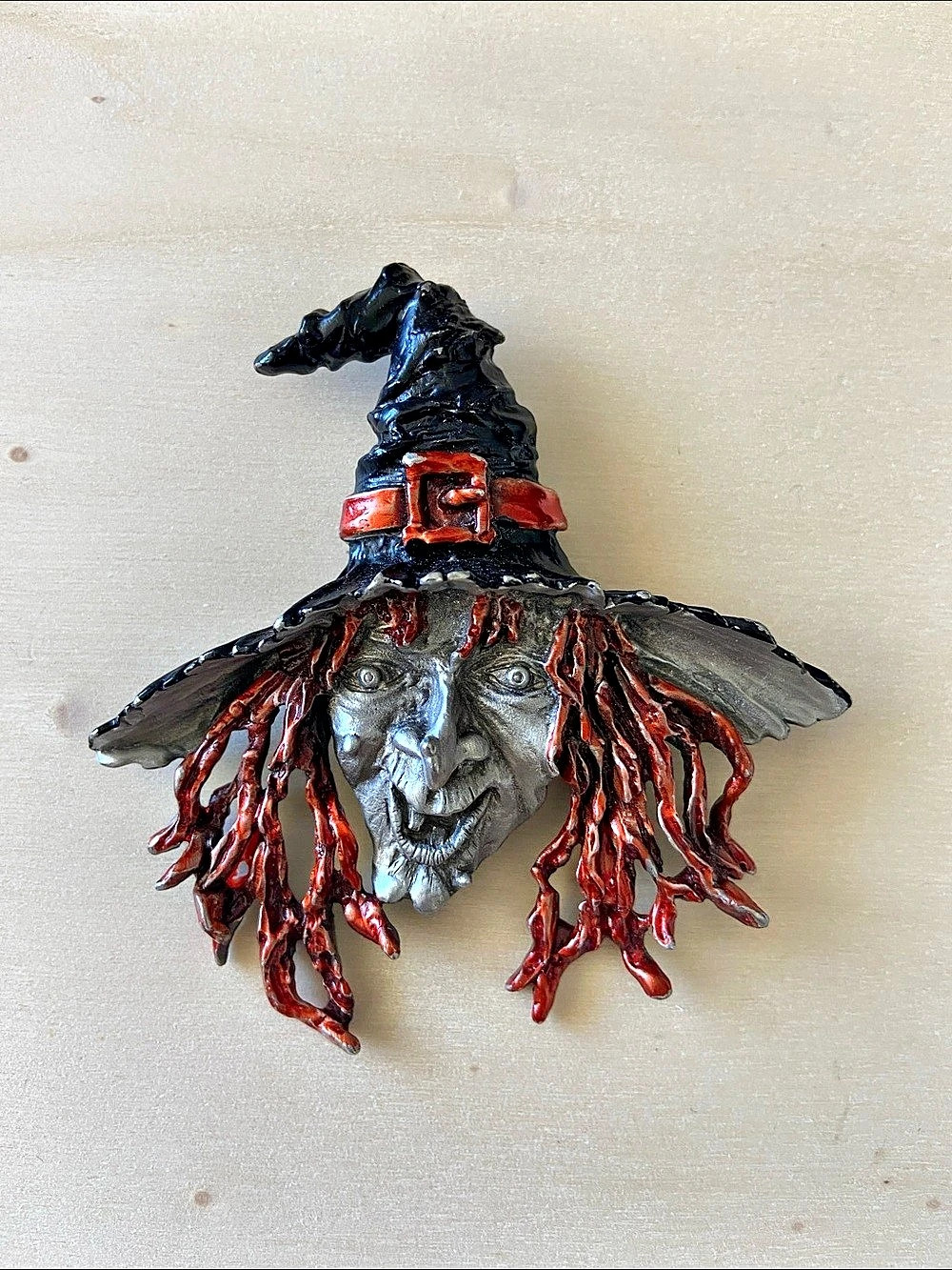 JJ Jonette Jewelry Vintage Halloween Scary Ugly Witch Face Pin Brooch 3”x 3”